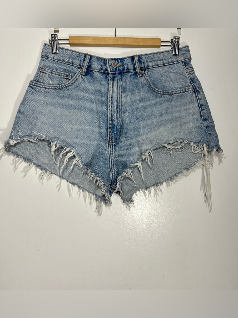 High-Rise Distressed Denim Shorts - Light Blue size 10